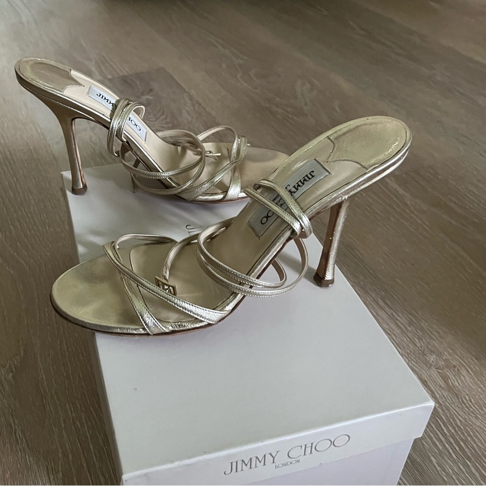 Jimmy Choo Smooth gold metallic nappa leather strappy stiletto sandal ankle wrap